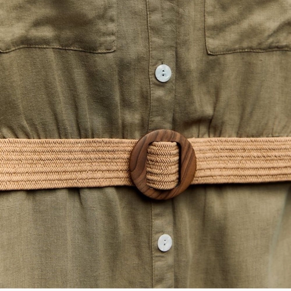 NWT ZARA Woman 100% Linen Belted Shirtdress | Olive Green | Size Small - Picture 4 of 6